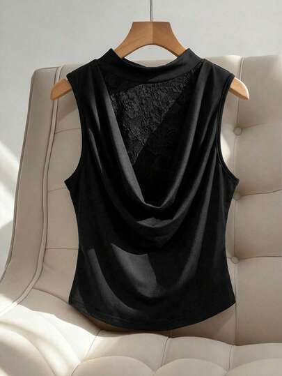 Women's Lace Patchwork Sleeveless Crew Neck Top