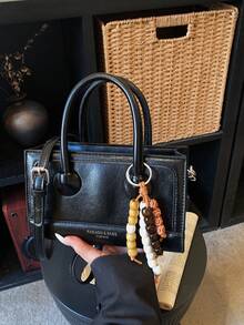 Women's High-Quality PU Leather Minimalist Structured Tote Bag With Beaded Charm, Casual Shoulder Bag - Black - View 5