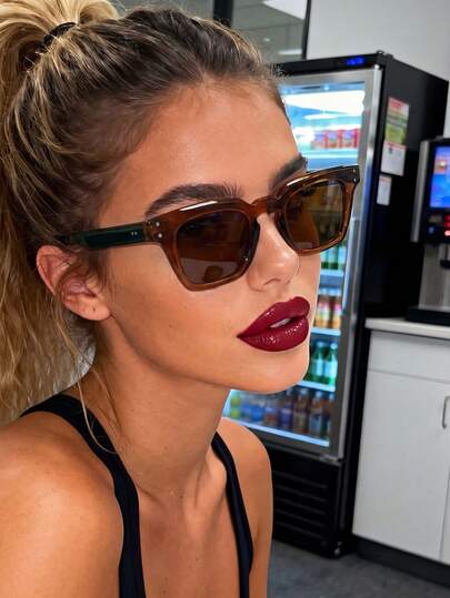 1 Pair Brown Square Full Frame Plastic Unisex Sunglasses, Suitable For Daily Wear, Street Photography, Singles Party, Beach Vacation, Summer Accessories, Dating Outfits, Fashionable Accessory