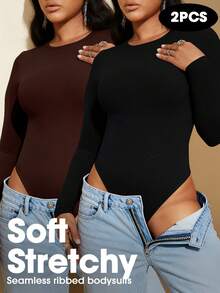 2件装女士无缝黑色圆领长袖保暖连体衣，性感塑身收腹连体衣，束腰塑形衣 - 彩色 - 查看 2