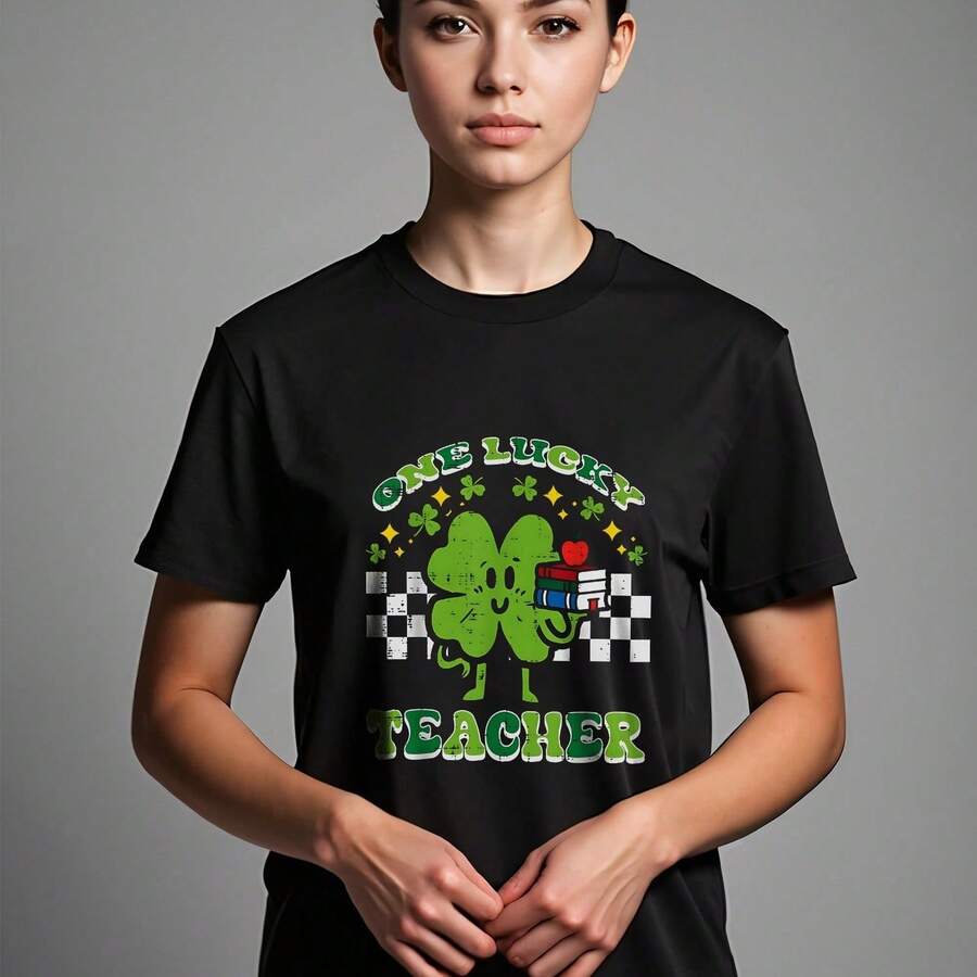 St Patrick Day Shamrock One Lucky Teacher Retro Saint Pattys T-Shirt - Black - View 1