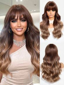 1 pieza Peluca de mujer con ondas y flequillo de color marrón, cabello sintético rizado de 26 pulgadas de largo, fibra resistente a altas temperaturas, gorro de red de rosa, para uso diario y de fiesta - Marrón - Ver 2