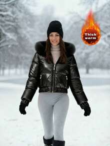 Women's Christmas Costume, Women's Winter Jacket, Solid Color Hooded Thickened Pocket Coat, Women's Winter Wear, Women's Winter Jacket & Coat, Thick & Warm - Black - View 4