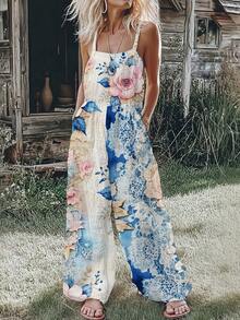 Botanical & Lace Print Jumpsuit: Strapless Wide-Leg Romper With Side Pockets In 100% Polyester For Garden Parties, Summer Vacations And Resort Style For Women. - 混合色 - 查看 3