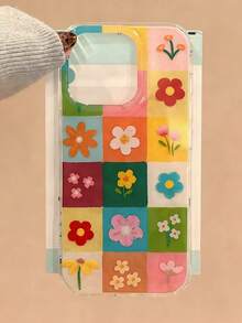 Funda de teléfono con flores de cuadrícula colorida para iPhone 17, 17 Pro Max, 16 Pro Max, 16 Pro, 16 Plus, 15 Pro Max, 15 Pro, 15 Plus, 12 Pro Max, 12 Pro, adecuada para uso diario por mujeres - Multicolor - Ver 1