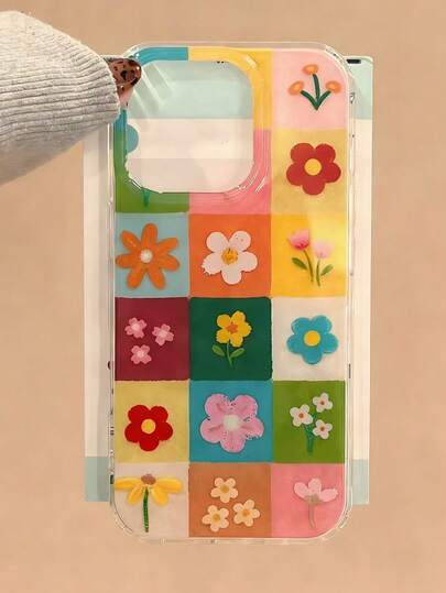 1 Pieza Funda de teléfono con bloqueo de color, flores de cuadrícula coloridas, compatible con iPhone17, iPhone17Promax, 17, 16ProMax, 16Pro, 16Plus, 16, 15Promax, 15pro, 15Plus, iPhone12Promax, 12Pro, 12/11, adecuado para uso diario de niñas