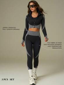 UONNOU 三件套女士运动服套装，包括文胸+长袖上衣+长裤塑形套装，女士户外休闲服，运动服，塑形服，紧身服，夹克款式，机车风格，立领，全开拉链，运动拇指孔设计，交叉肩带文胸背心，超短塑形上衣，提臀，收腰收腹，塑造腿部线条，让您看起来更苗条，运动紧身长裤，高弹力高塑形，蜂窝无缝针织柔软面料，适合运动和户外活动、瑜伽、健身、跑步、休闲日常、通勤、聚会和节日等，时尚运动户外套装，适合所有季节，秋冬春秋皆宜。 - 黑與白 - 查看 2