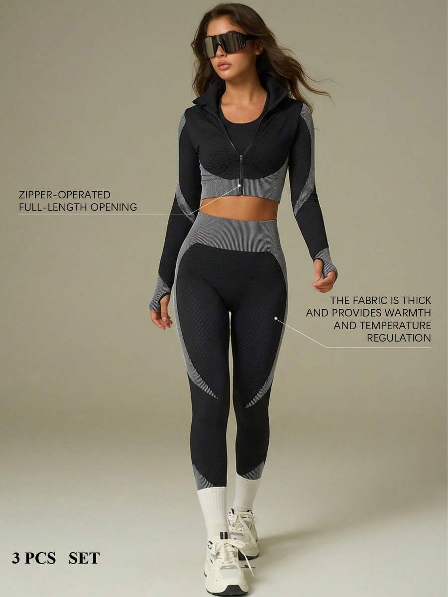 UONNOU 三件套女士运动服套装，包括文胸+长袖上衣+长裤塑形套装，女士户外休闲服，运动服，塑形服，紧身服，夹克款式，机车风格，立领，全开拉链，运动拇指孔设计，交叉肩带文胸背心，超短塑形上衣，提臀，收腰收腹，塑造腿部线条，让您看起来更苗条，运动紧身长裤，高弹力高塑形，蜂窝无缝针织柔软面料，适合运动和户外活动、瑜伽、健身、跑步、休闲日常、通勤、聚会和节日等，时尚运动户外套装，适合所有季节，秋冬春秋皆宜。
