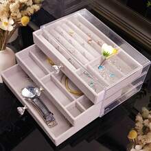 1pc 3-Layer Jewelry Box With Velvet Lining, Transparent Drawer Storage For Necklaces, Bracelets, Rings, Earrings , Makeup Room Decor - Multicolor - View 3