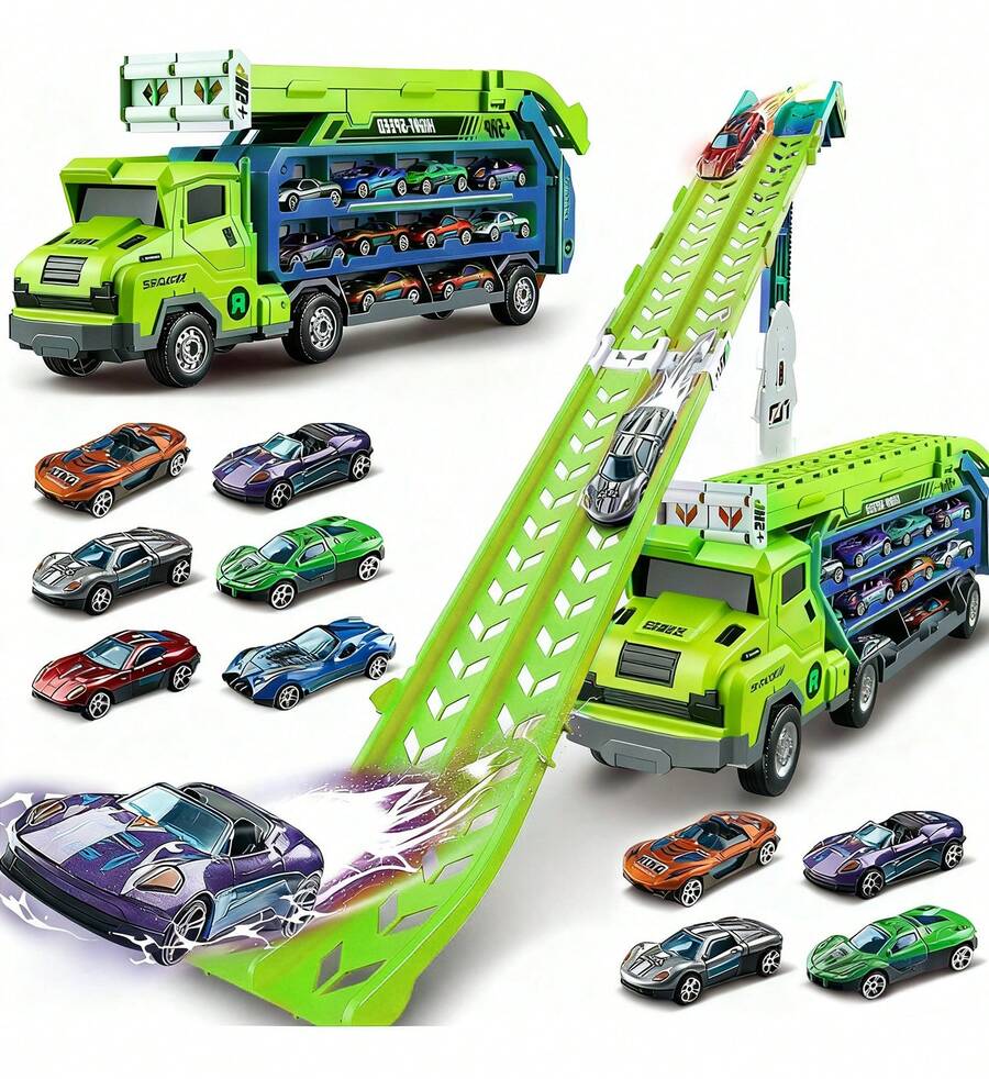 TendenciaCamión De Juguete De Transporte Para Niños 10en 1 Con PistasCalidad premium - Verde - Ver 1