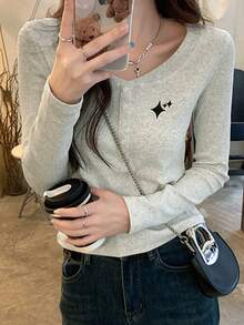 American Raglan Long Sleeve T-Shirt For Women, Minimalist Design, Layering Crop Top, Spring/Autumn - Grey - View 2