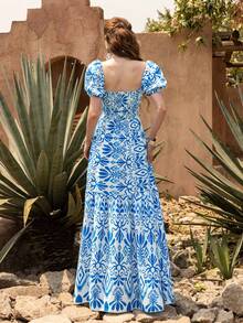 Faeriesty 优雅女士心形领连衣裙：波西米亚风刺绣印花连衣裙，泡泡袖，修身胸衣，层叠荷叶边下摆，腰部饰以精致点缀——完美适用于花园婚礼、波西米亚风新娘写真、私奔之旅、浪漫周年庆典、乡村户外活动等夏季场合。 - 藍色 - 查看 2