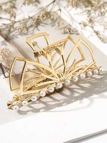 1个金色镂空蝴蝶结发夹，饰以仿珍珠 - 一款优雅的名媛风发饰，非常适合低发髻和日常通勤。女士发饰，优雅爪夹，时尚发夹。 - 金色 - 查看 6