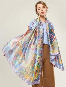 女士印花真丝围巾，复古风夏季沙滩罩衫，真丝颈巾，头巾，优雅百搭，适合晚礼服、旅行、办公、婚礼等场合。 - 彩色 - 查看 2