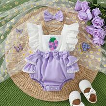 2件套女婴休闲日常可爱撞色编织白色镂空袖方领葡萄刺绣装饰拼接紫色3D蝴蝶结装饰连体衣和紫色蝴蝶结发带套装，夏季 - 淡紫色 - 查看 2