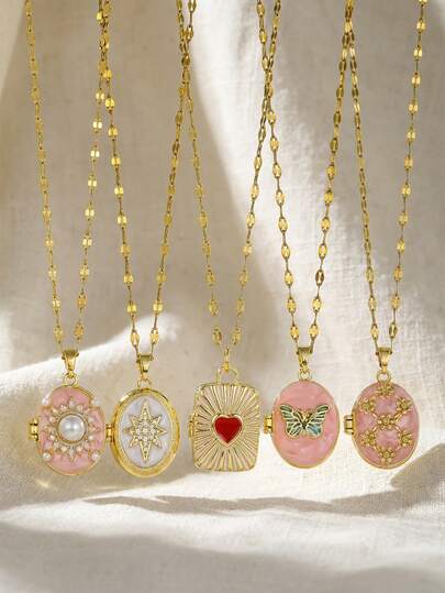 5styles Personalized Fashionable Openable 3d Butterfly Octagonal Star Pearl Flower Pattern Design Oval Photo Box Pendant Necklace Suitable For Daily Wear Jewelry Accessory For Kids Family Friends Birthday Gift