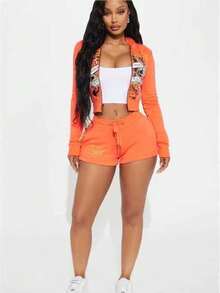 2 Piece Sets Woman  Two Piece Set Ropa De Invierno Mujer  2 Piece Sets Woman Winter Fall Set   Set Featuring Fashionable Street Style, Casual Comfort, Painted Zipper, Hat And Positioning Print - 橘紅色 - 查看 2
