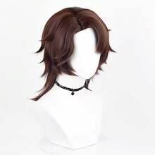 Synthetische kurze gerade braune Perücke mit Mittelscheitel, Anime-Spiel-Cosplay, flauschige Perücke hitzebeständig für tägliche Partys - Braun - Übersicht 4