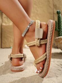 新款时尚露趾平底拖鞋，舒适防滑百搭沙滩凉鞋，适合日常穿着 - 米色 - 查看 3