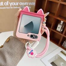 Cute Gradient Pink Cat Ears Phone Case With Pink FFlower Anti-Lost Strap Compatible With Samsung Galaxy ZFlip7 Z Flip6 ZFlip 5 Zflip6 Zflip5 Shockproof Back Cover - Màu hồng chuyển sắc - Xem 2