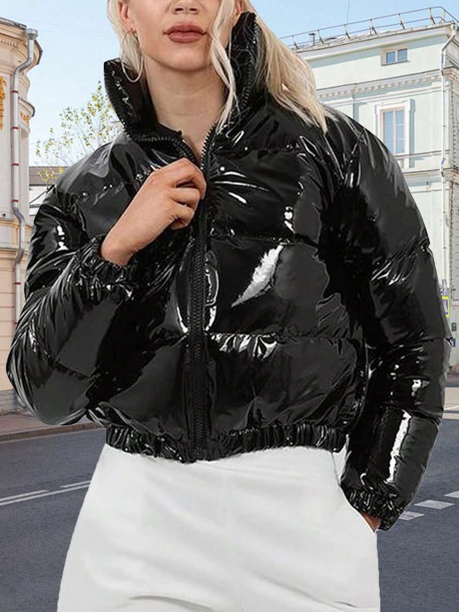 Women's Winter Stand Collar Cropped Coat,Shiny PU Puffer Jacket, Quilted Oversized Padded Outerwear For Street Style - màu đen - Xem 1