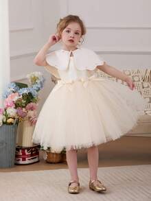Young Girl Shawl 3D Flower Bow Tulle Elegant Flower Girl Dress, Suitable For Girls Birthday Party, Banquet, Prom, Wedding, Bridesmaid, Holiday Celebration - Champagne - View 5