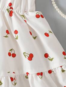 2-5岁女童樱桃印花纯棉公主裙，可爱时尚儿童夏季连衣裙 - 紅白色 - 查看 4