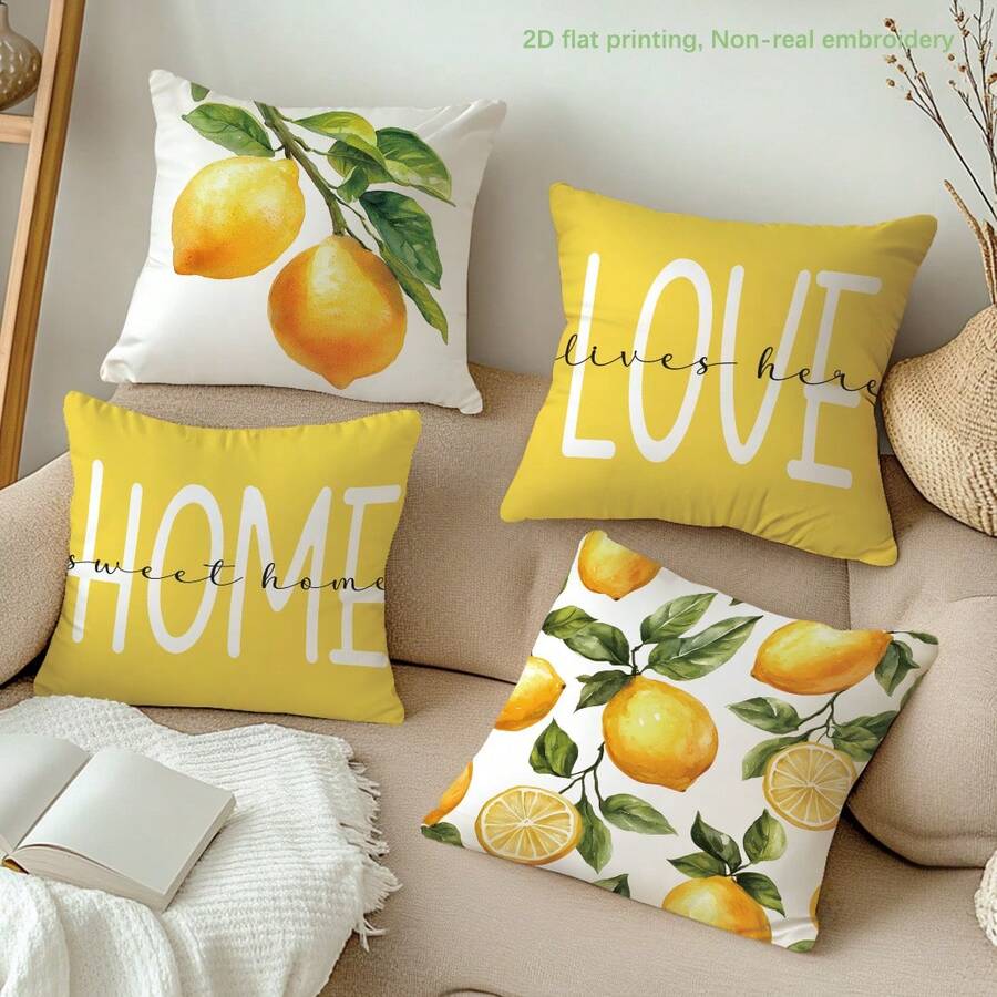 4pcs Watercolor Lemon "Home Sweet Home & Love Lives Here" Inspirational Quote Print Throw Pillow Covers [No Pillow Insert], 17.7*17.7in(45*45cm)/19.69*19.69in(50*50cm)/15.75*15.75in(40*40cm), [Single-Sided Print] Minimalist Modern Polyester Cushion Covers For Sofa, Bed, Living Room, Bedroom, Car, Office, Hotel Decor, Perfect Gift For Family And Friends, All Seasons