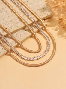 3pcs/Set Fashionable Multi-Layer Metal Gold Necklace, Geometric Minimalist Rhinestone Decor Necklace Jewelry Set, Suitable For Daily Wear, Parties, Holidays And Vacations. Chain Length Adjustable. - Gold - View 3