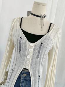 Apricot Long Sleeve Hollow V-Neck Knit Cover Up For Women, Fashion Street Party Casual Comfortable Sweater, Collegiate Style Fitted Daily Versatile Summer Solid Color Minimalist Sexy Top - Apricot - View 6