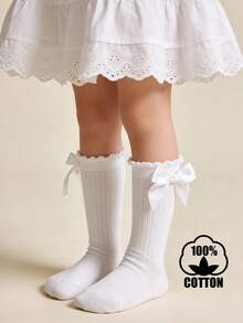 1 đôi tất cao đến đầu gối bằng cotton màu trơn dành cho bé gái, có nơ, kiểu dáng đi học. - trắng - Xem 7