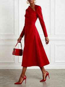 Váy dài tay thanh lịch màu trơn dành cho nữ, cổ bất đối xứng, eo thắt, ôm vừa vặn, phù hợp mặc hàng ngày nơi công sở, tiệc tùng, đa năng, sang trọng và duyên dáng - Đỏ - Xem 3