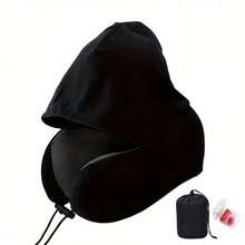 1 Adjustable U-Shaped Neck Pillow - Polyester, Hand Washable, Multiple Colors Available, Suitable For Car Travel And Outdoor Use, Comfortable And Snug Neck Support, Travel Neck Pillow, Car Accessory, Stylish Design, Durable Fabric. - Áo khoác đen có mũ trùm đầu - Xem 3