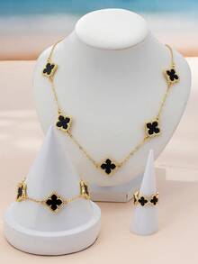1 Collar de flor, 1 Pulsera de flor, 1 Anillo de flor, Conjunto de joyas de flor de trébol de cuatro hojas de moda casual - Negro - Ver 3