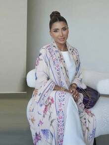 两件套印花开衫长袍，含头巾，中东迪拜风格外套 - 白色 - 查看 3