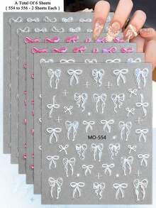 3/6pcs 5D Bow Nail Art Stickers, White & Pink Ribbon French Manicure Nail Decals, Cute DIY Nail Decoration - Multicolor - View 16