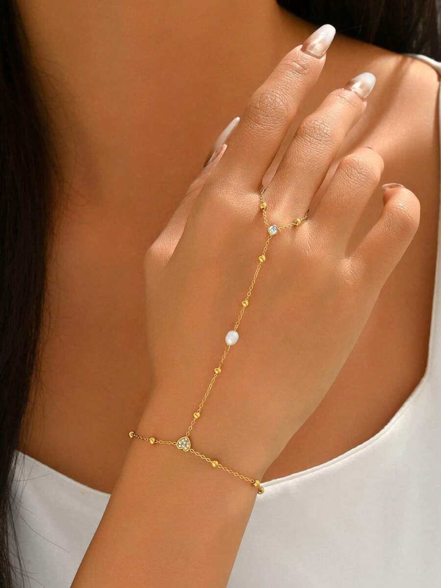 1件套简约心形珍珠锆石可调节手链戒指套装，时尚饰品，适合日常佩戴和派对场合 - 手指鏈 - 查看 1