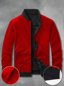 Outdoor Sports Casual Stand Collar Baseball Jacket Solid Color Zipper Jacket - Red - View 3