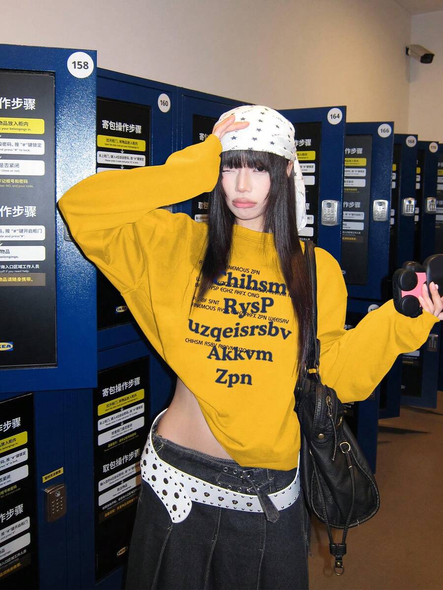 美式休闲字母印花长袖T恤，女士百搭上衣，秋冬季 - 黃色 - 查看 1