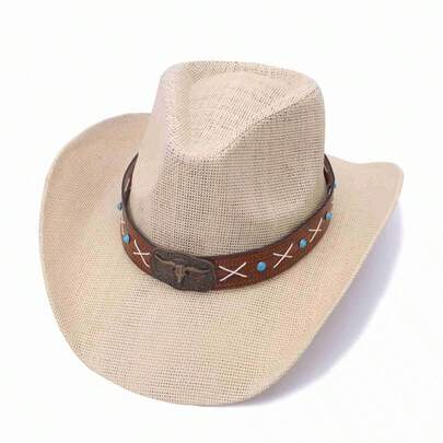 1pc Unisex Straw Cowboy Hat, Wide-Brimmed Breathable Sun Hat For Summer, Suitable For Outdoor Hiking, Beach Vacations, And Outdoor Sports.