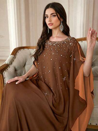 Áo Abaya dài kiểu Ả Rập dành cho nữ, cổ tròn, thiết kế phối màu tương phản, đính ngọc trai, mềm mại và thoải mái, phù hợp cho các lễ hội, mặc hàng ngày và nhiều dịp khác nhau, mùa xuân.