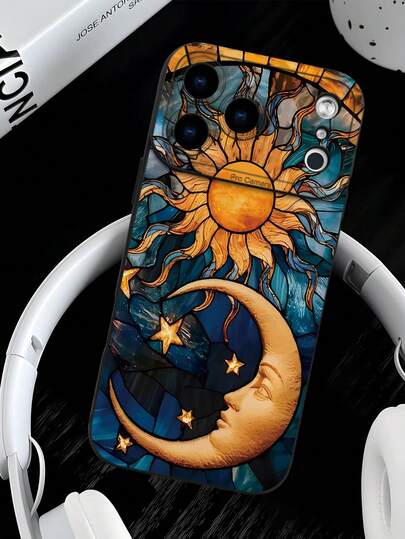 Stained Glass Style Celestial Sun & Moon Art Pattern Phone Case, Pattern Design Theme Luxury Shockproof Aesthetic Cute Phone Case, Lens Protrusion Protection, Compatible With IPhone 17/17Pro/17Pro Max, 16, 15,14, 13, 12, 11 Plus/Pro Max And Series, And Compatible With Galaxy S/A Series, Gift For Easter Day, Decoration/Gift For Birthday, Girlfriend, Boyfriend, Friend Or Yourself