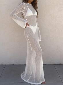 Women's Sexy Knitwear Long Sleeve Semi-Sheer Maxi Cover Up Dress For Beach Vacation - White - View 3