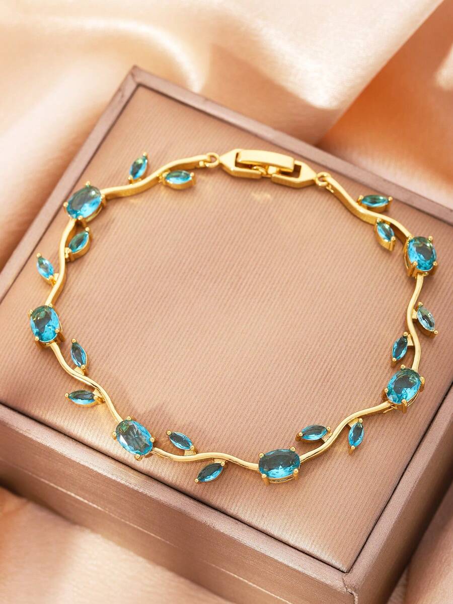 Colorful Gemstone Leaf Bracelet - Multicolor Crystal Branch Design Jewelry, Suitable For Date/Party Outfits - Leaf Bracelet - View 1
