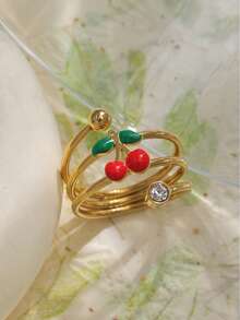 Mazuer 1 Peça Anel de Aço Inoxidável Banhado a Ouro 18K com Design Elegante de Cereja Multicamadas e Cristais, Presente de Joias para Mulheres, Adequado para Encontros e Uso Diário - Cereja 1243 - Visão 4