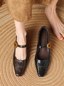 5厘米方头铆钉低鞋面单带复古细跟通勤玛丽珍鞋 - 黑色 - 查看 7