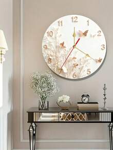 简约花卉蝴蝶挂钟 - 静音无滴答现代圆形木质电池供电挂钟（不含电池），米色表盘，红金指针 - 优雅家居装饰，适用于客厅、卧室 - 生日、乔迁、结婚礼物佳选 - 粉彩装饰钟，时尚挂钟，卧室挂钟，钟表墙饰，可爱挂钟，复古无滴答挂钟，材质耐用，做工精良，2D平面