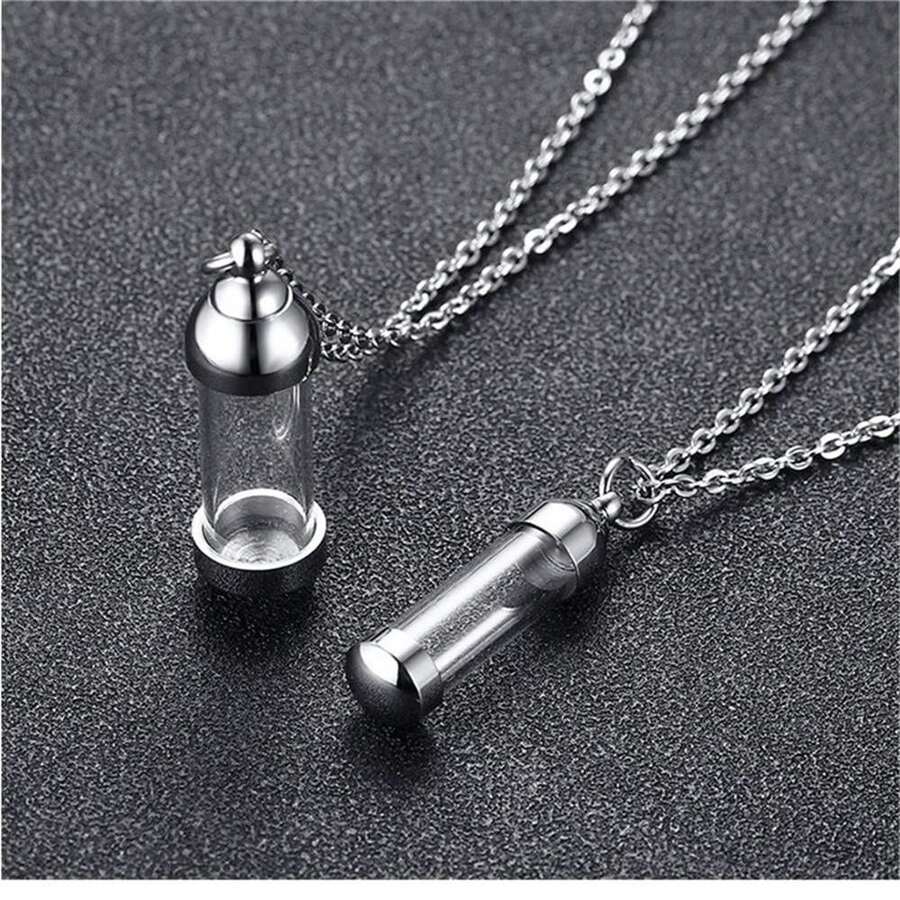 1件透明玻璃圆柱镂空吊坠项链，不锈钢材质，适合男士日常佩戴 - 圓柱形 - 查看 1