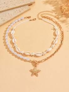2pcs/Set Handmade Bohemian Style Starfish & Shell Braided Rope Necklace, Unique Design Starfish Pendant With Faux Pearl & Golden Clasp, Fashion Women Necklace Suitable For Daily Wear, Vacation, Party, Date - Multicolor - View 2