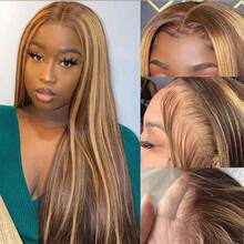 13x6/13x4 高清透明前额真人发混纺直发假发 34 英寸 - 200% 高密度预修剪无胶无缝假发,女士 SP4/27 直发前额网状假发,无需胶水即可佩戴 - SP4/27 - 查看 5